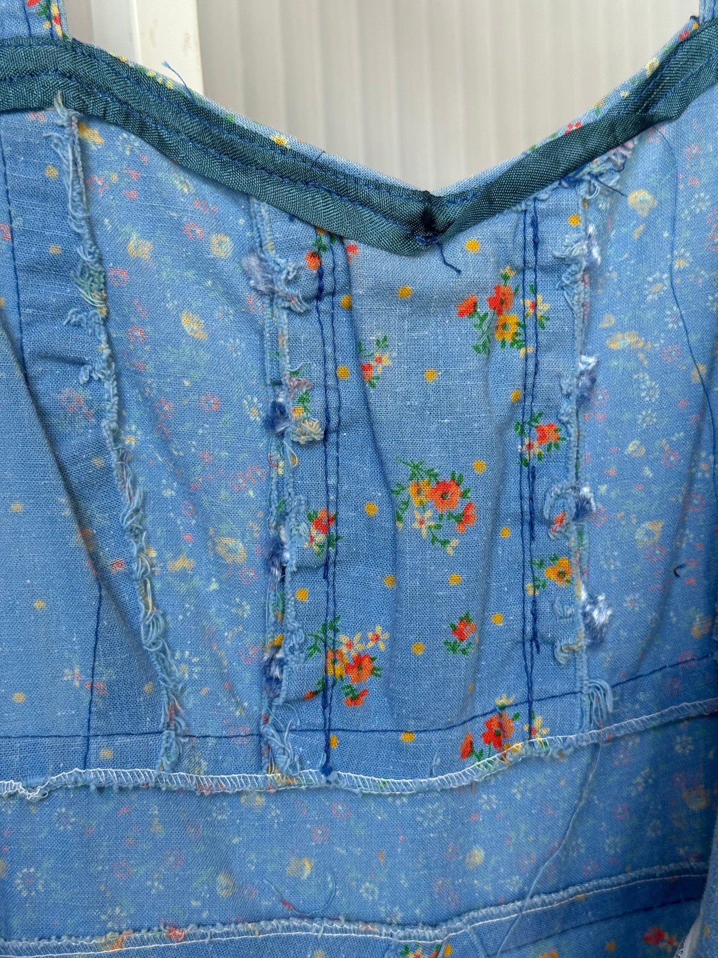 1970s Denim Floral Sun Dress w/ Lace-Up Bust