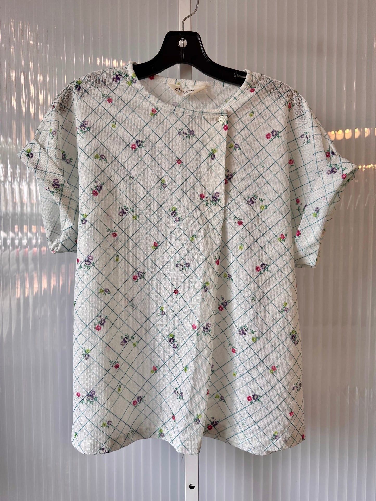 1980s White & Teal Floral Windowpane Blouse