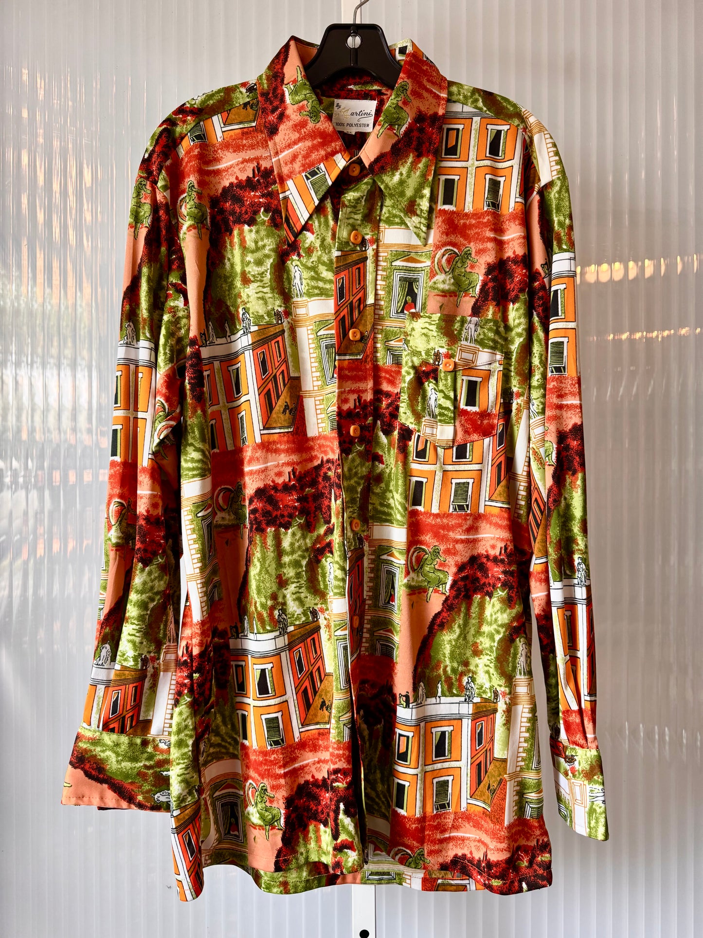1970s Architectural Green & Orange Point Collar Shirt