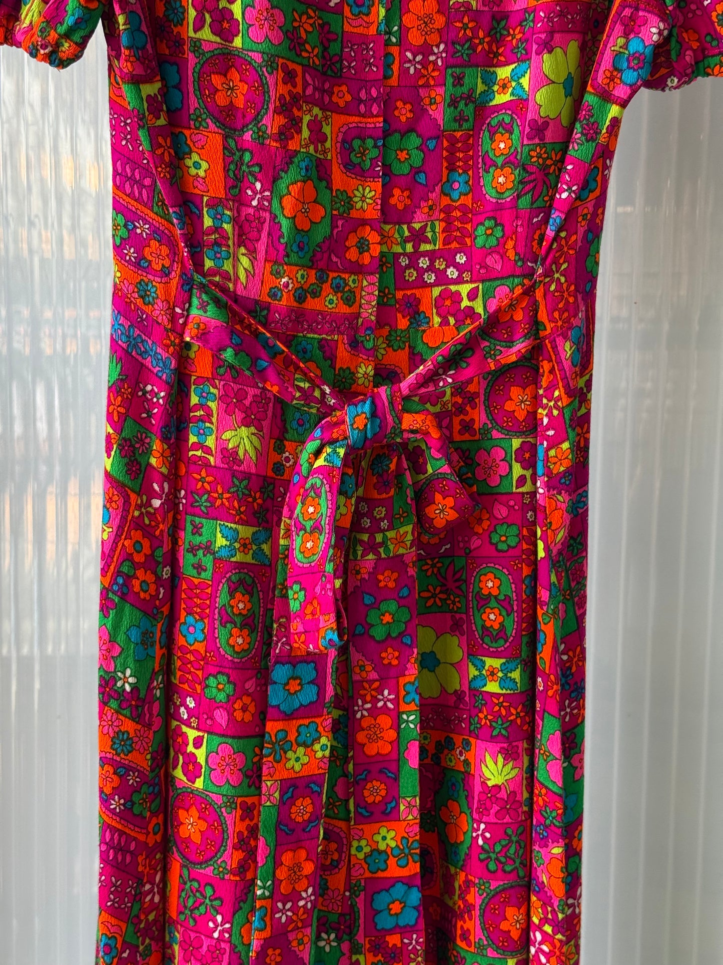 1970s Neon Floral Printed Dress