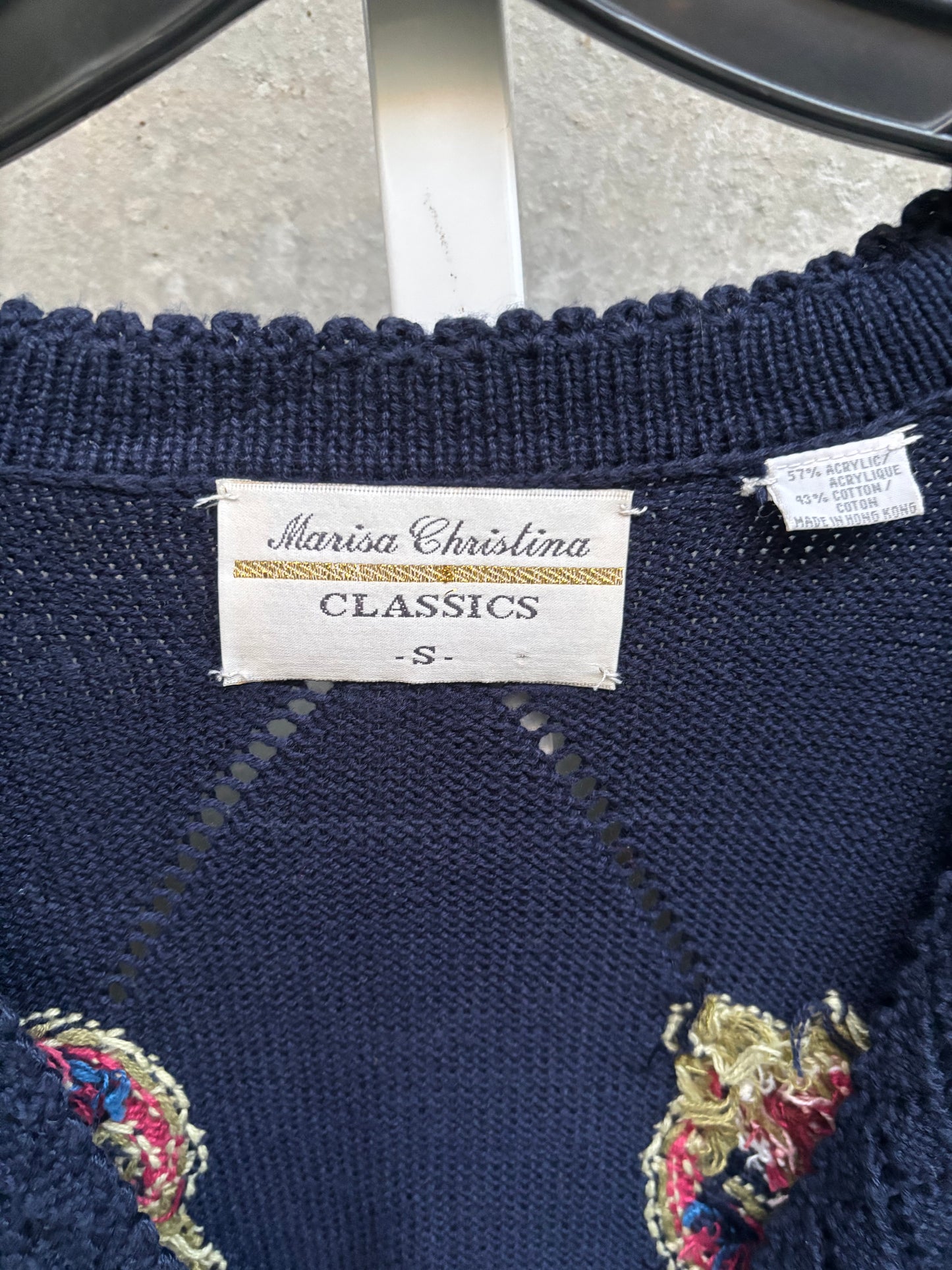 1990s Navy Knit Cardigan with Floral Pattern