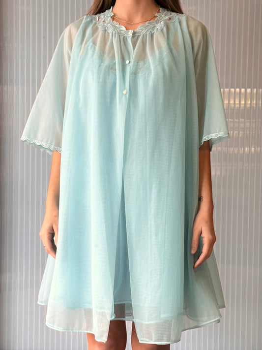 1960s Van Raalte Blue 2-piece Peignoir Set