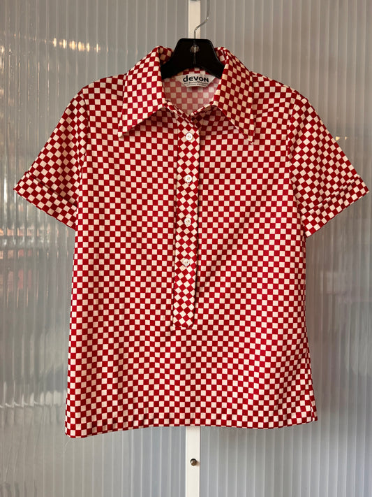 1970s Red & Cream Checkered Polyknit Polo