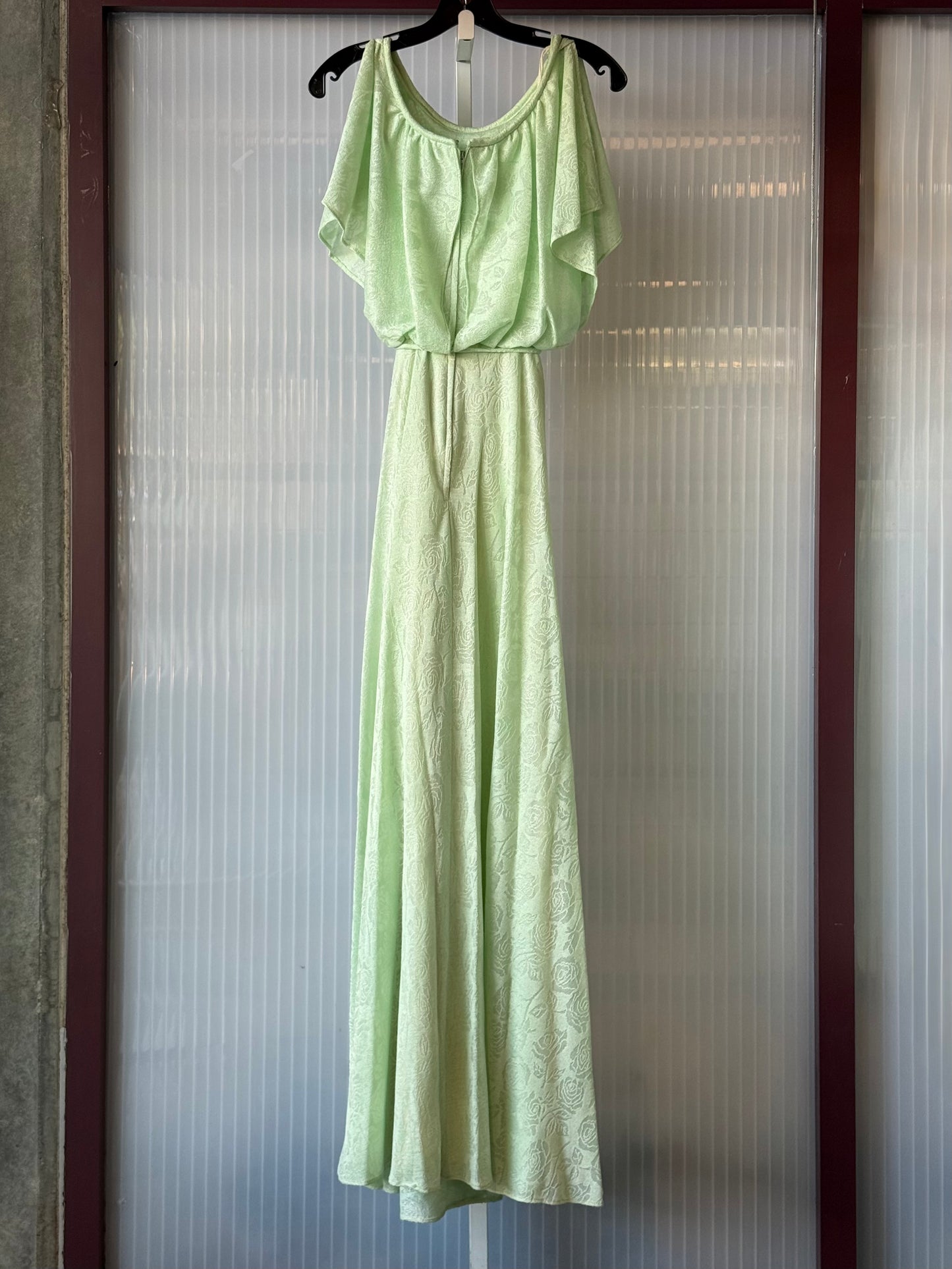 1970s Pistachio Burnout Floral Flowing Empire Waist Gown