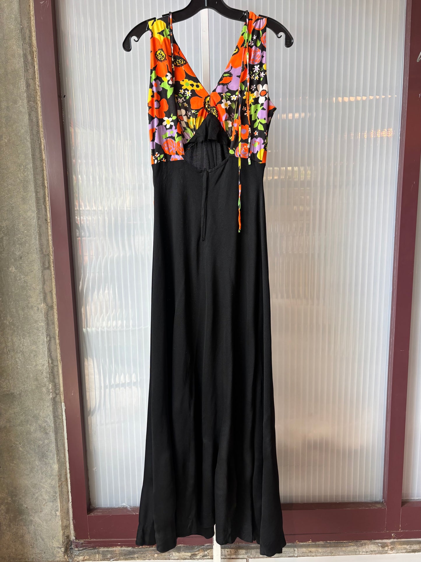 1970s Black Sleeveless Dress w/ Multicolor Floral Bust