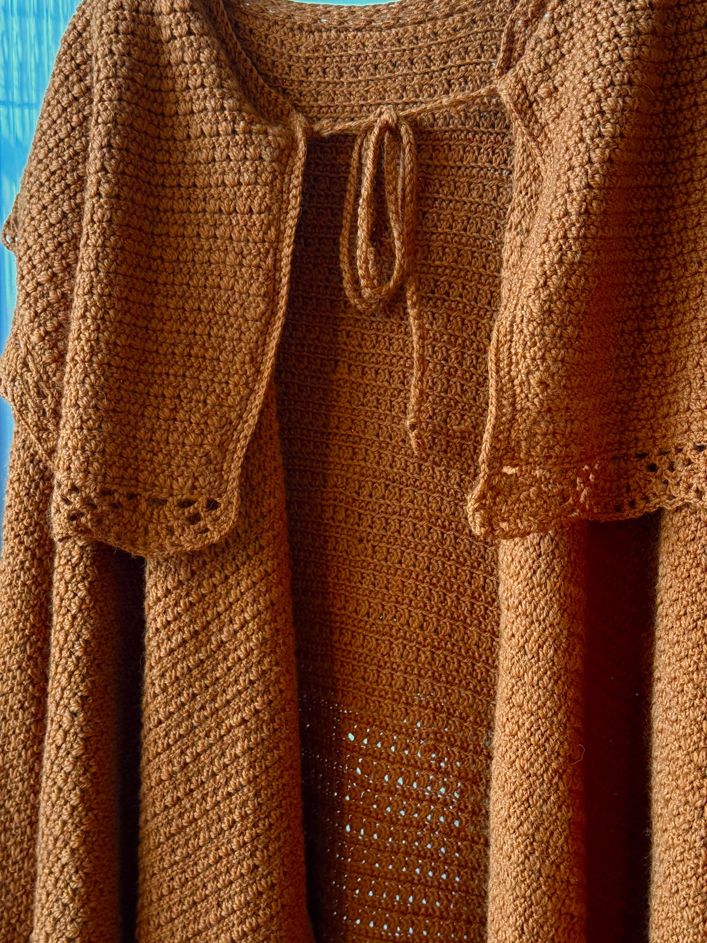 Burnt Orange Crochet Full Length Cape w/ Oversized Collar