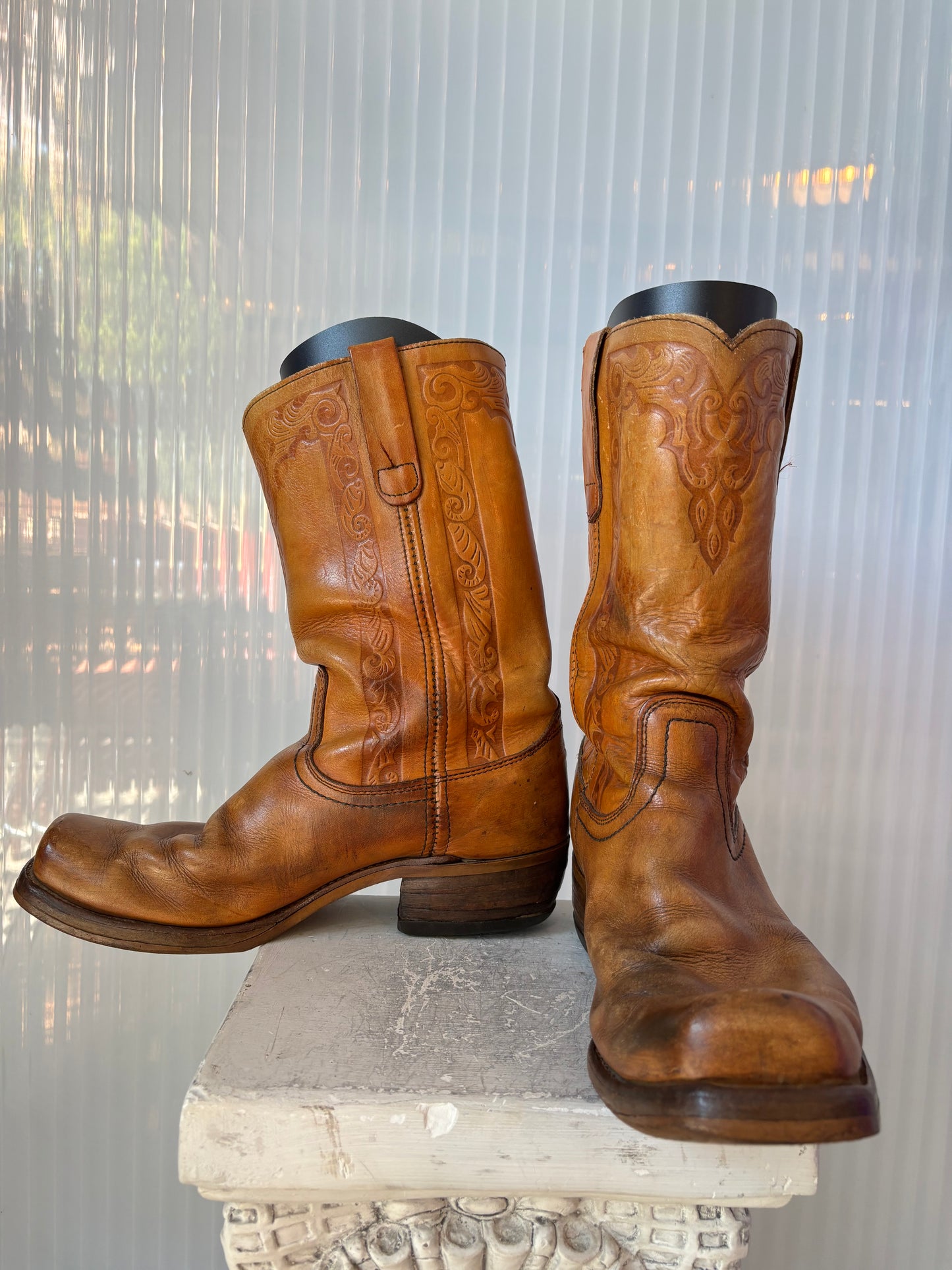 Browned Tooled Leather Square Toe Boots 10