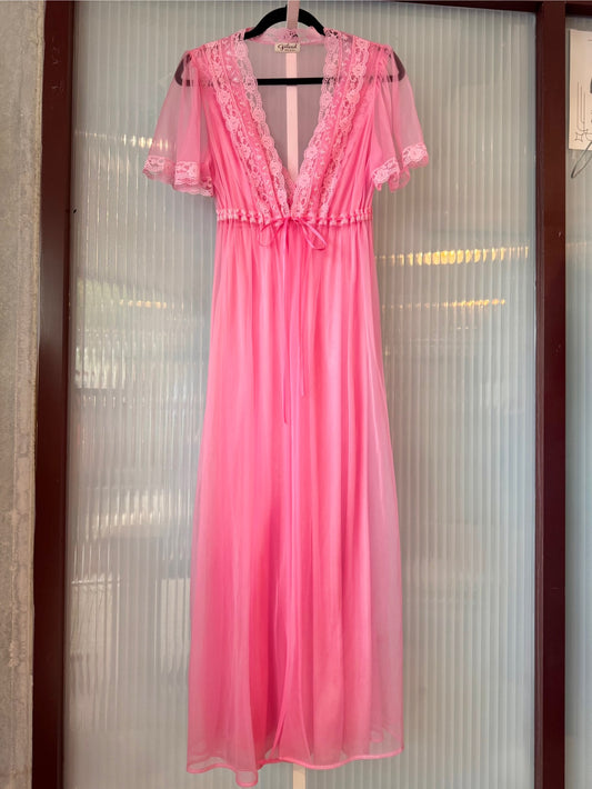 1970s Pink Peignoir Robe + Nightgown Set