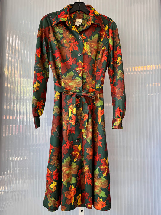 1970s Green & Orange Autumn Leaves Dress