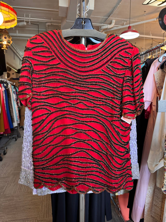 1980s Red Sequin & Beaded Top