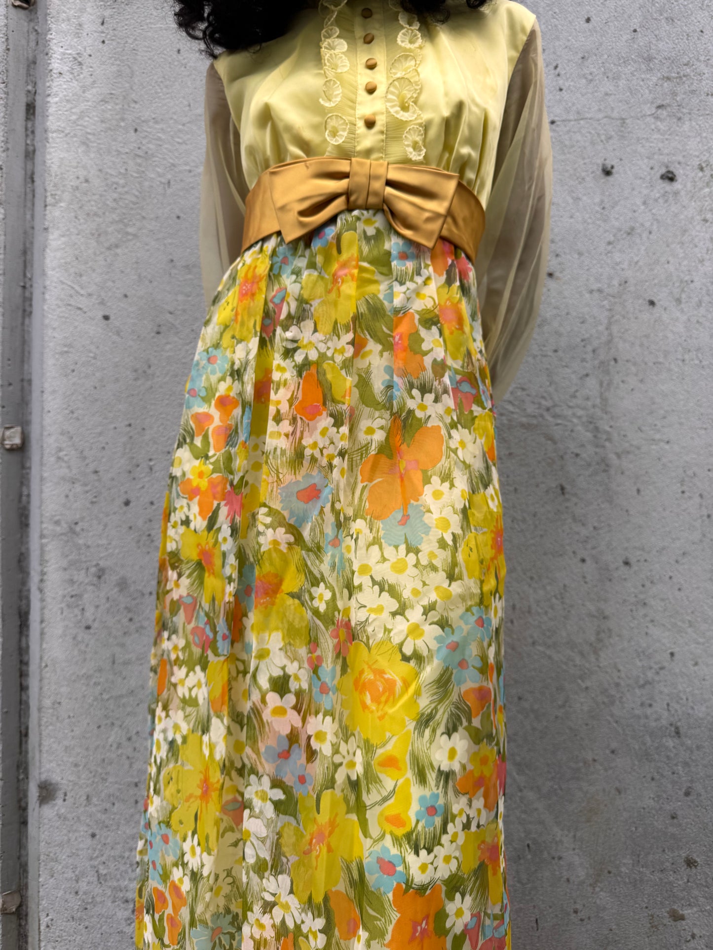 1970s Yellow Floral Empire Waist Maxi Dress