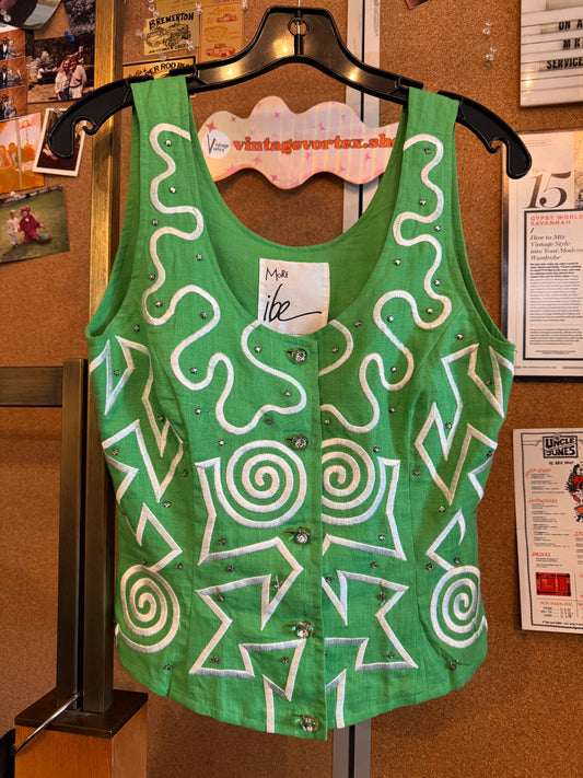 1990s Green & White Embroidered Vest
