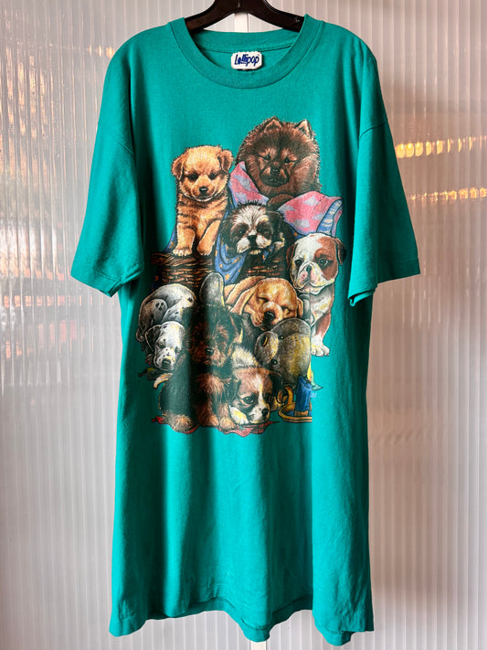1980s Puppy Patterned Teal T-Shirt