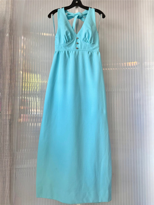 1960s Blue Empire-Waist Halter Dress