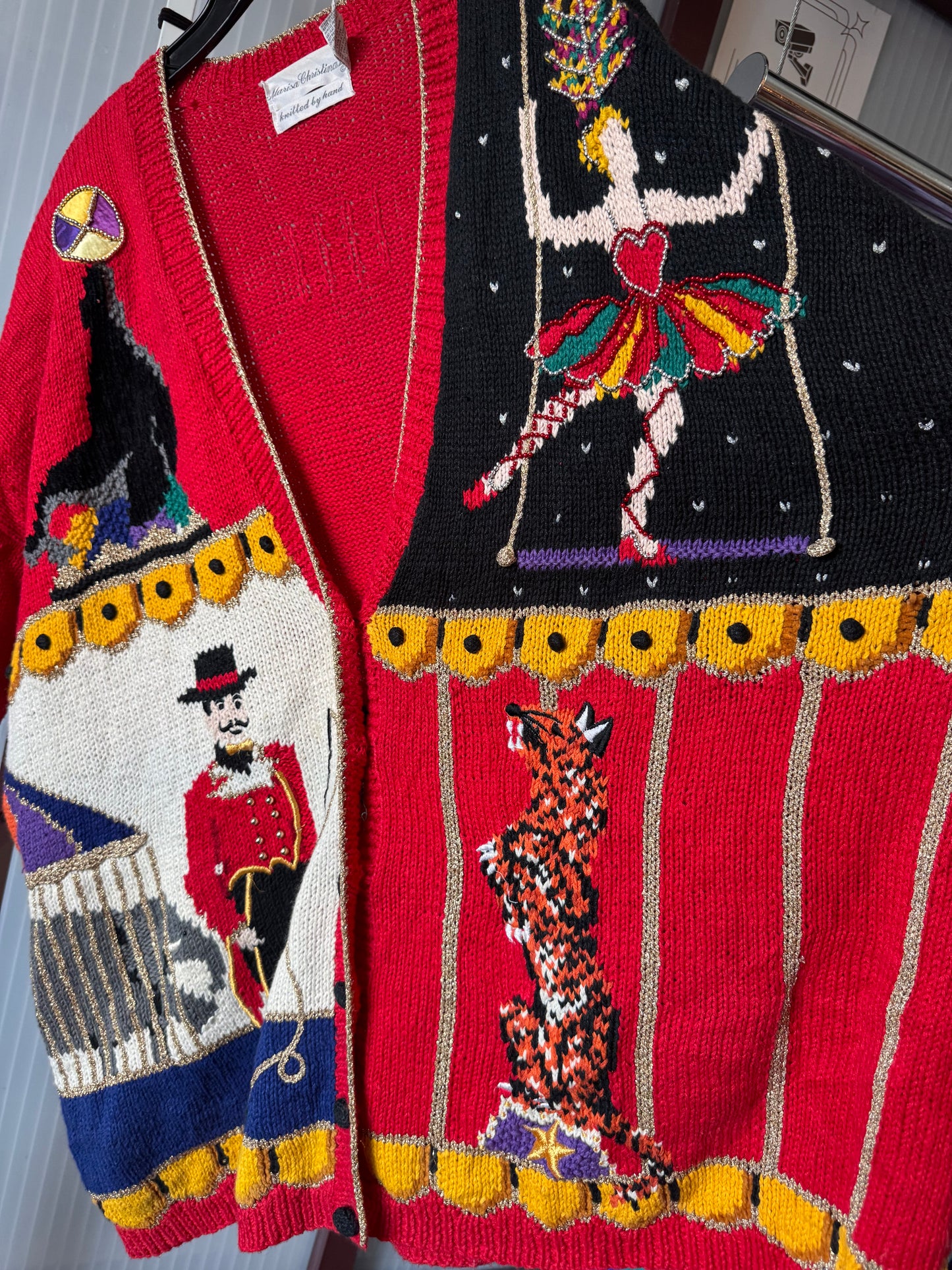 1980s Black & Red Circus Theme Knit Cardigan