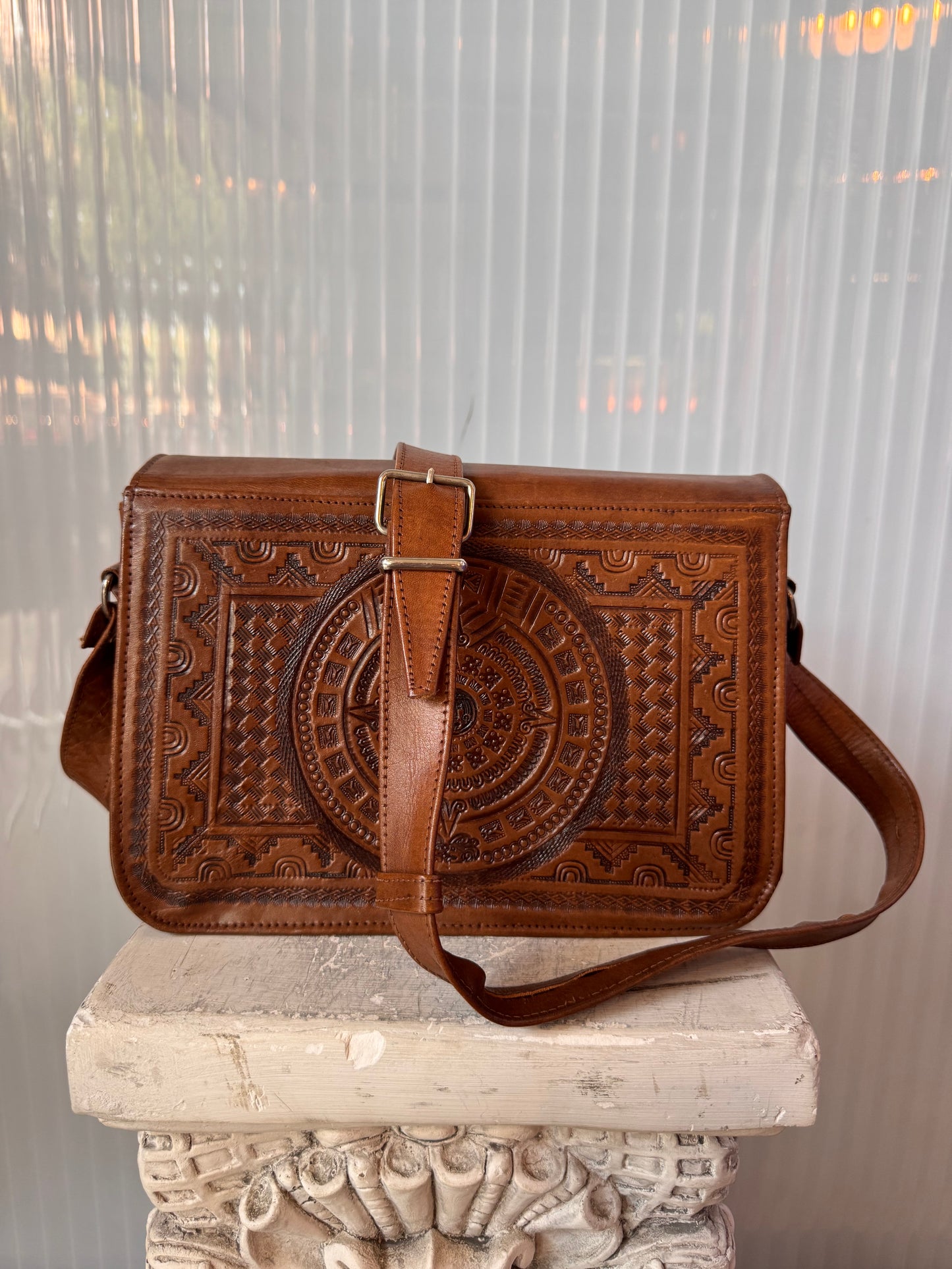 Mayan Design Brown Leather Crossbody Bag