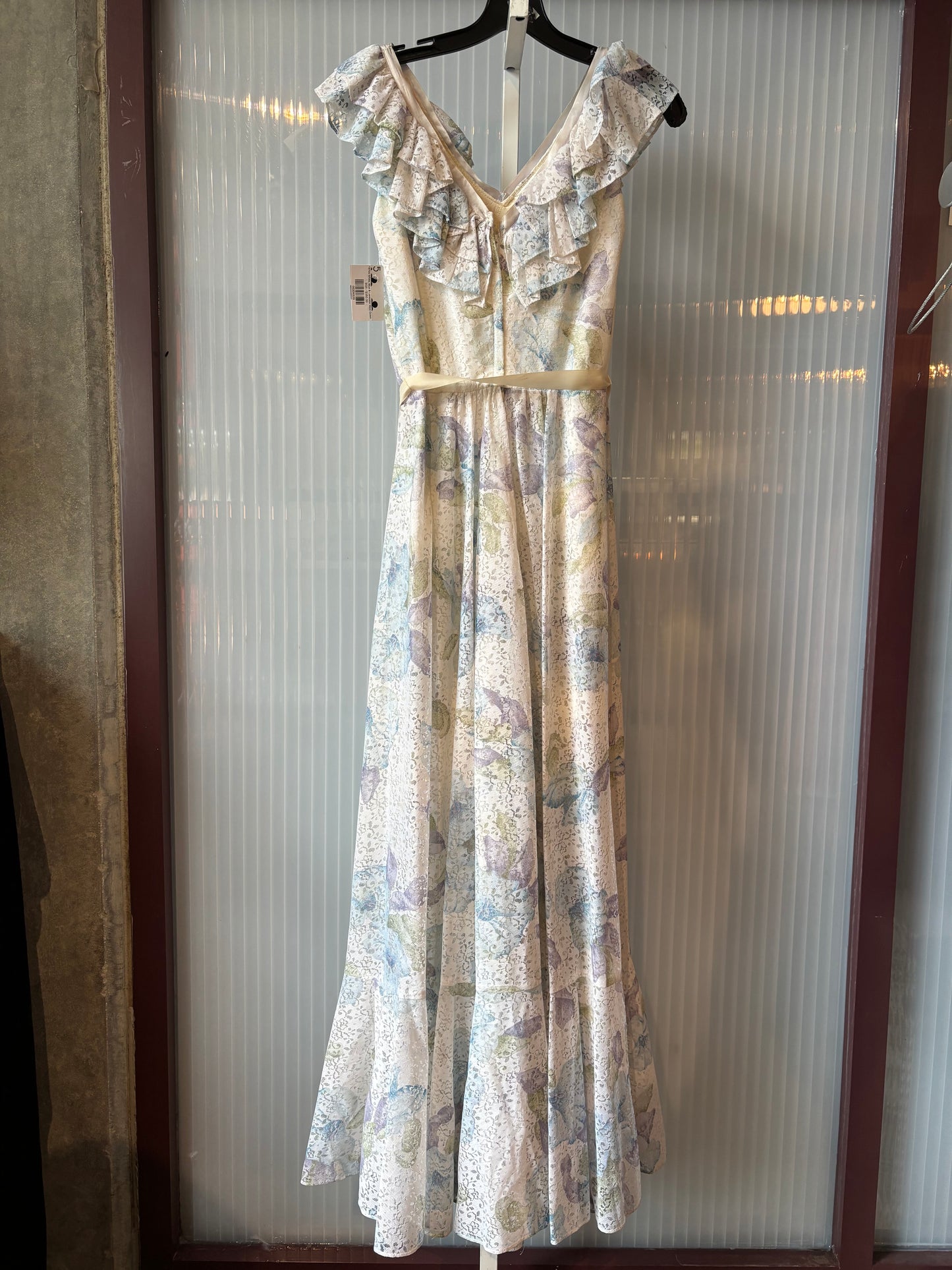 1970s White, Blue & Lavender Maxi Gown