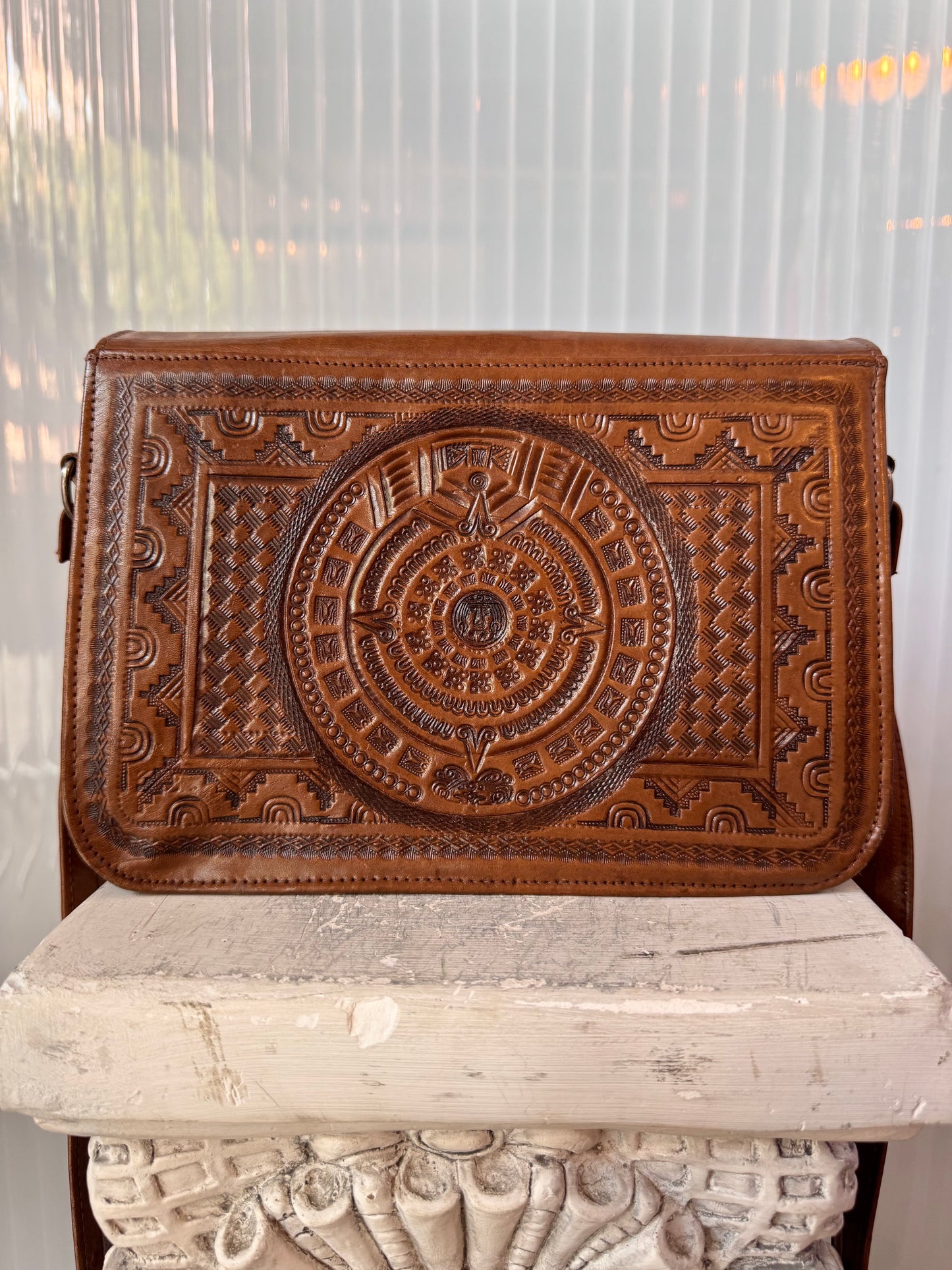 Mayan Design Brown Leather Crossbody Bag