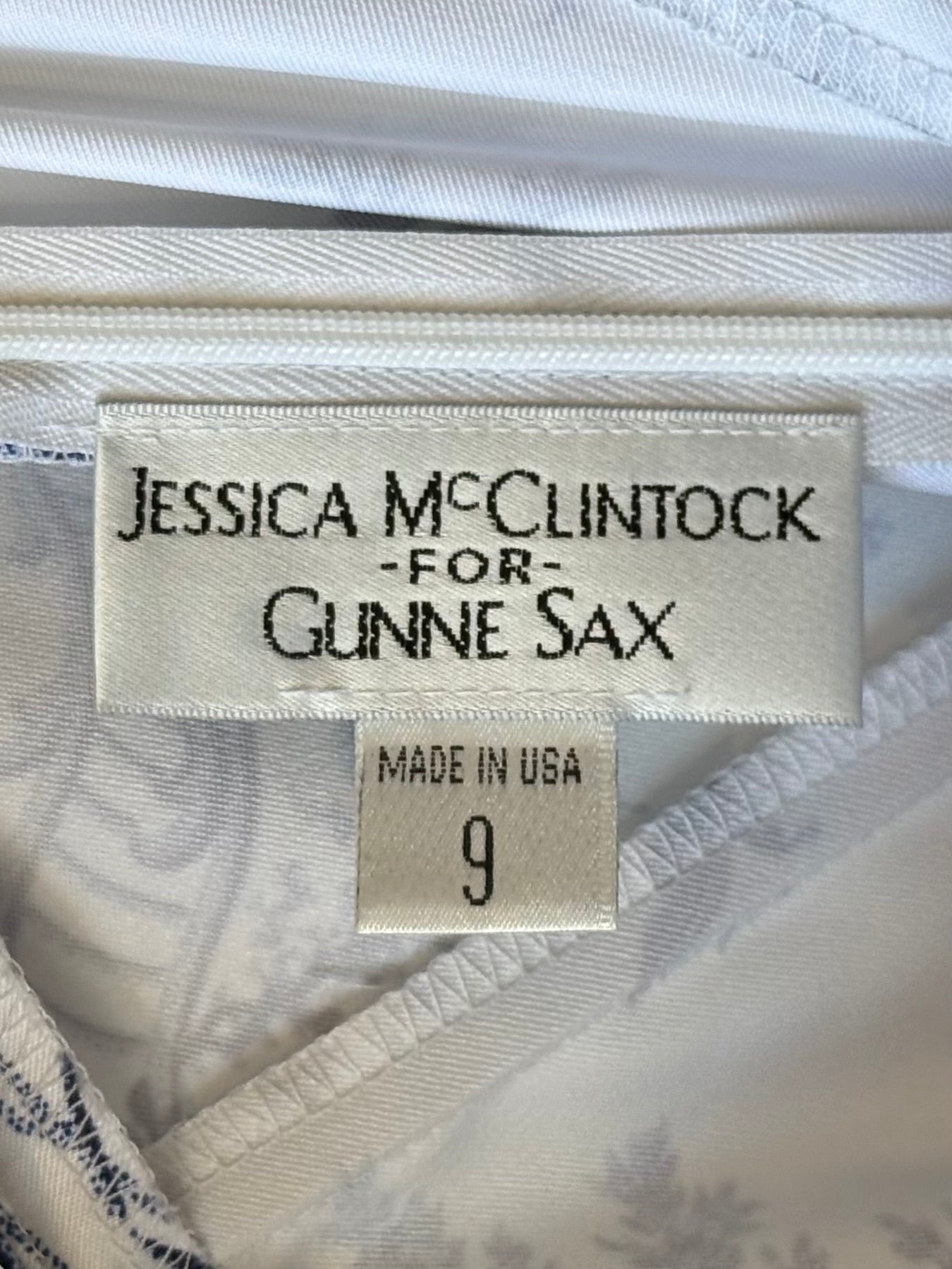 1990s Gunne Sax White and Blue Toile Strapless Gown