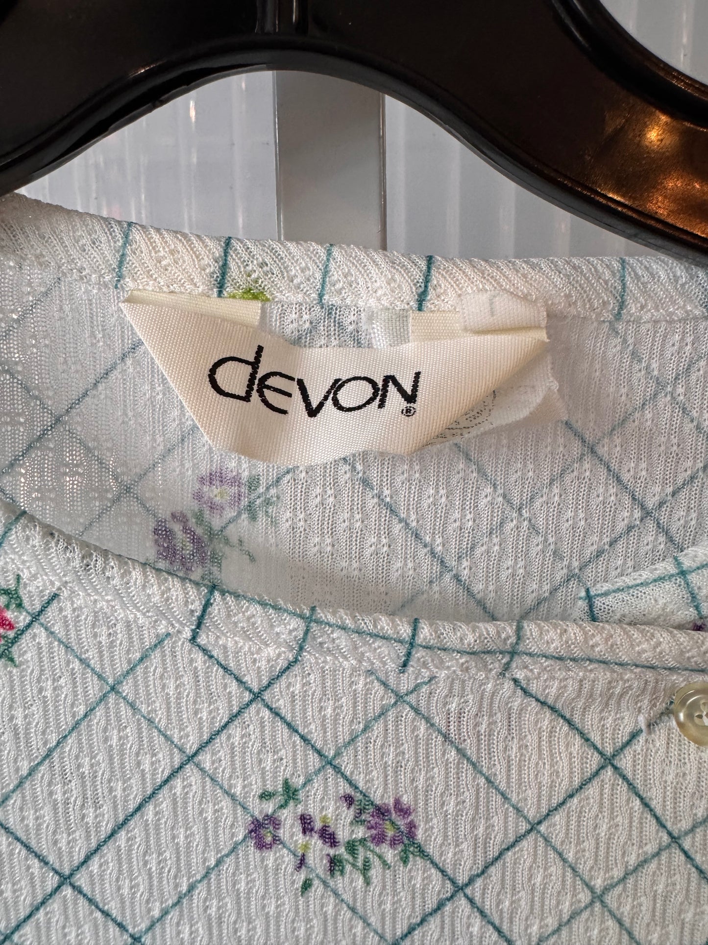 1980s White & Teal Floral Windowpane Blouse