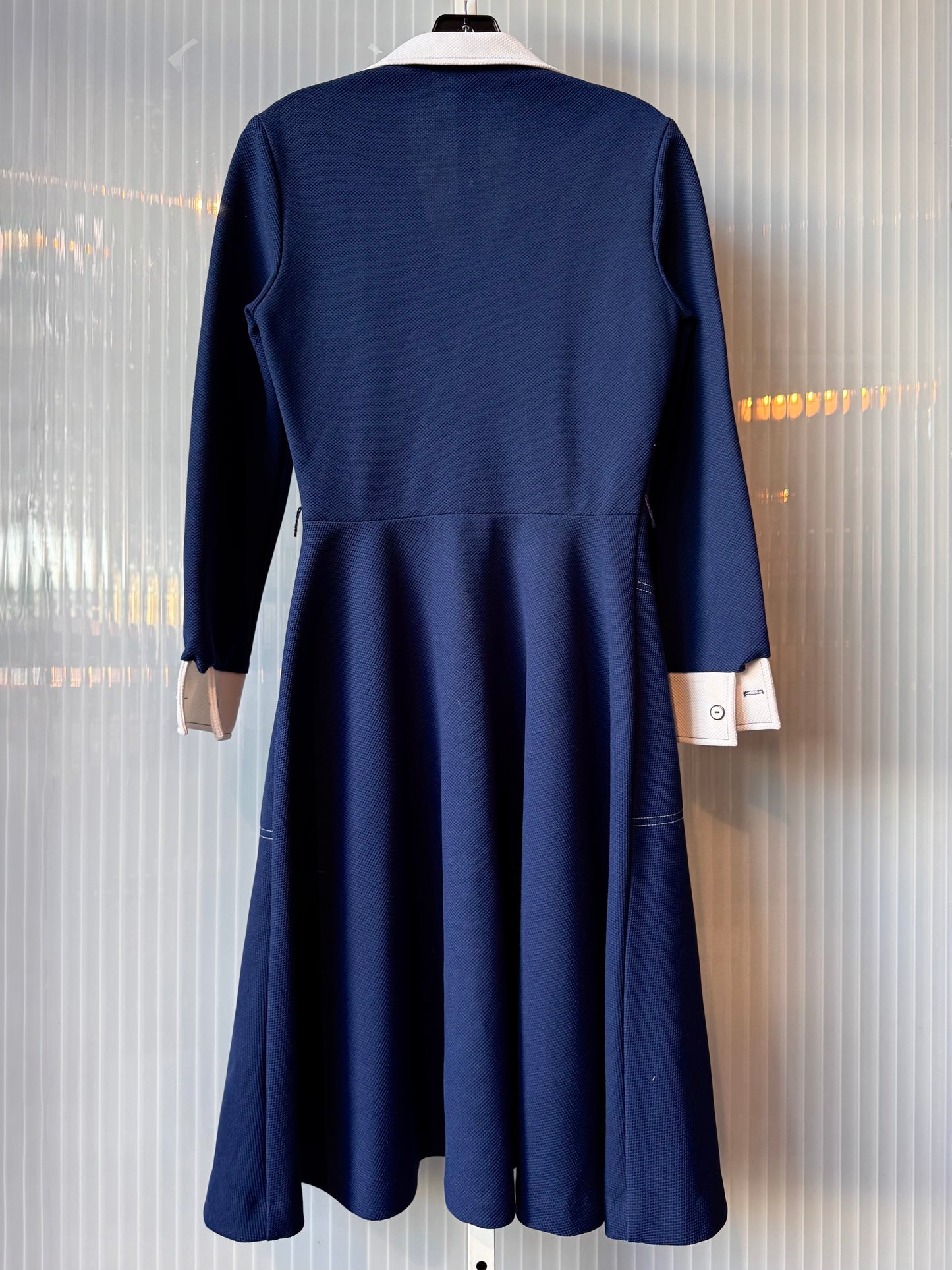 1970s Blue Polyknit Dress with White Collar & Cuffs