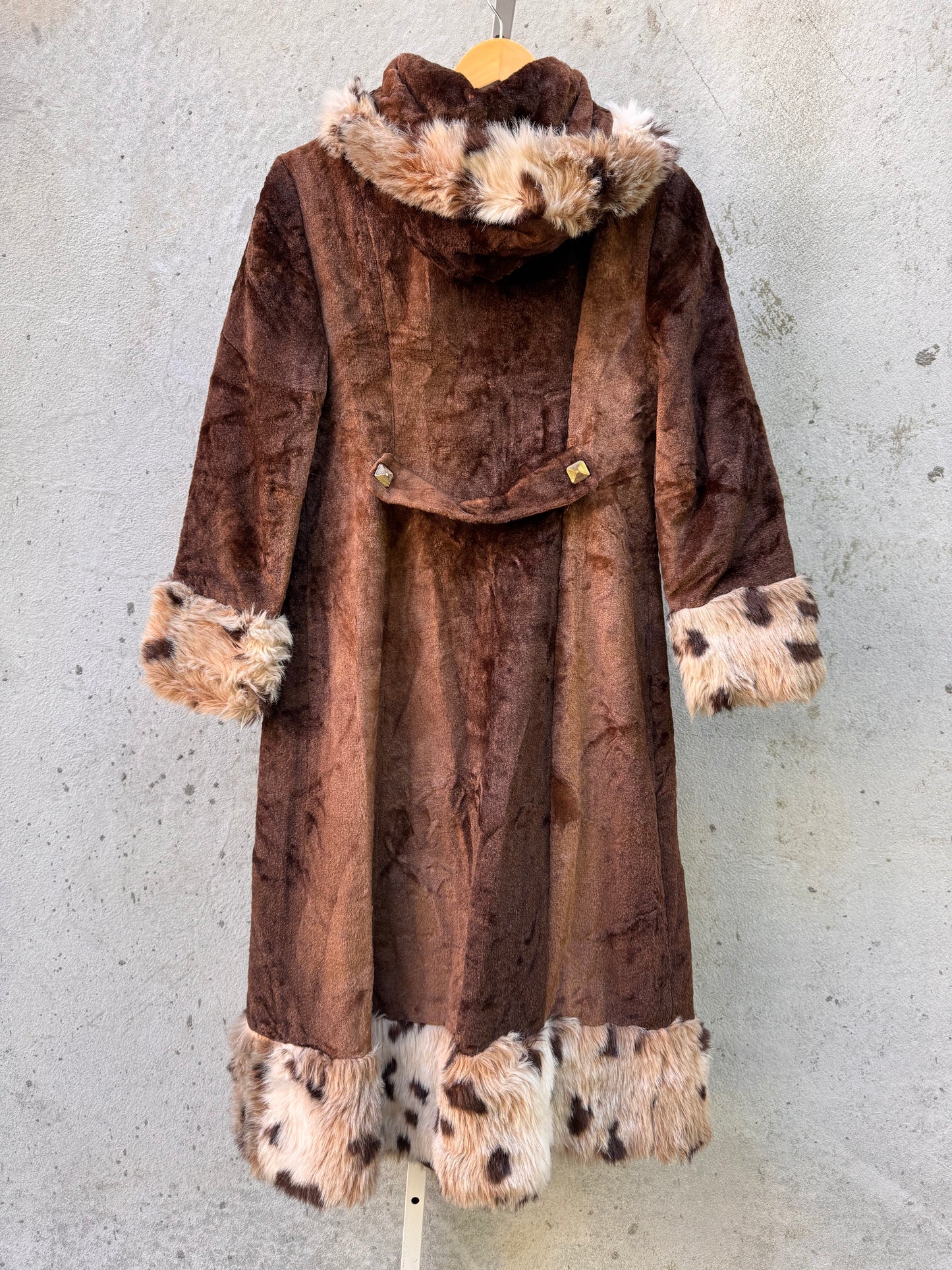 1970s Faux Fur Coat with Hood & Leopard Hem & Cuff
