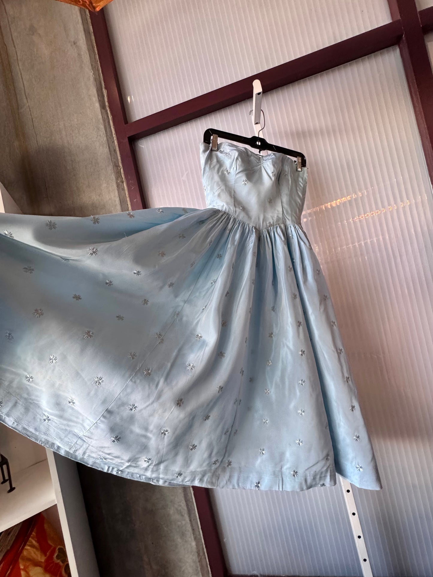 1950s Robins Egg Blue Floral Embroidered Gathered Formal Dress