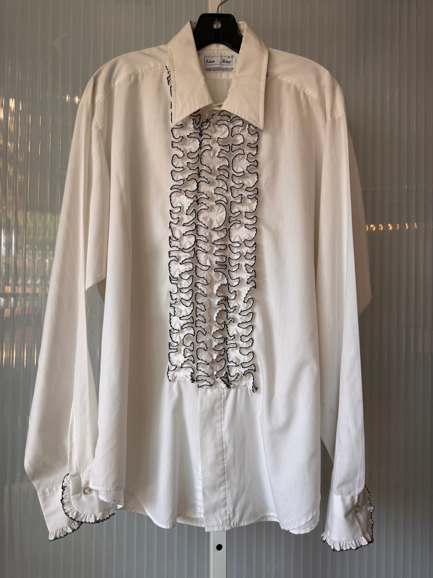 1970s White Formal Shirt with Black Trim Ruffles