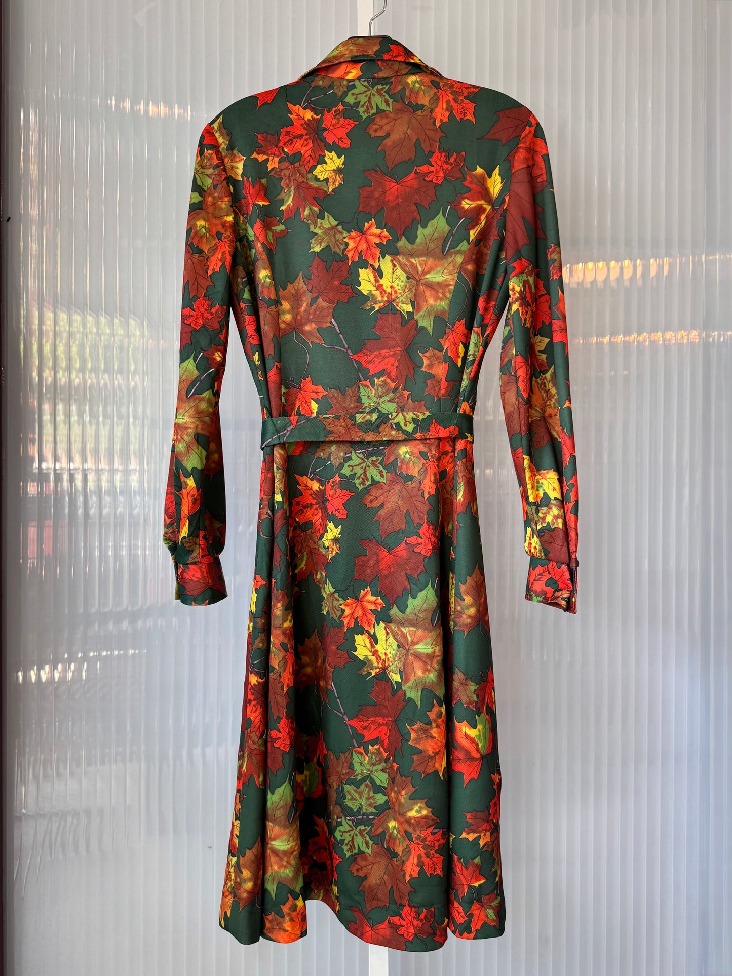 1970s Green & Orange Autumn Leaves Dress