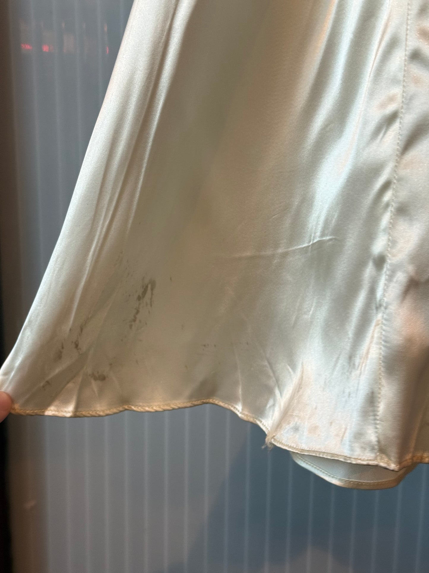 1930s Cream Silk Gown w/ Drop Waist Ruffle & Off-Shoulder sleeves.