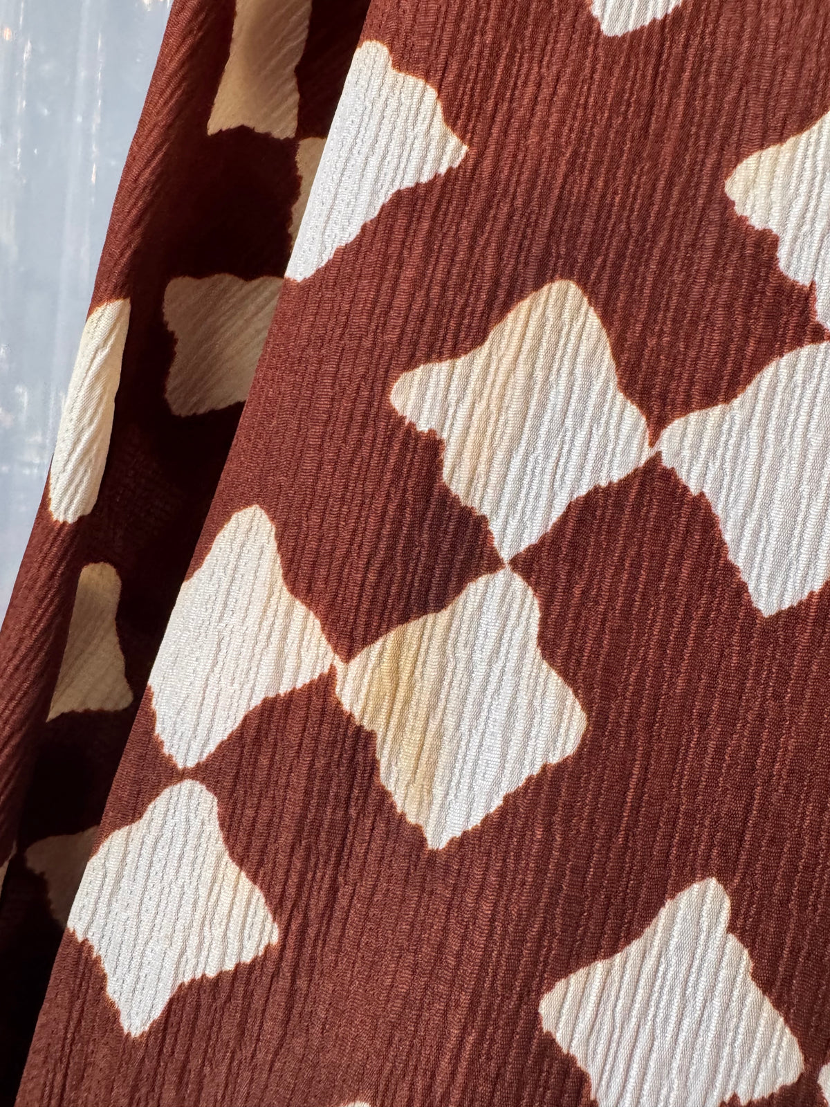 1970s Brown & White Plissé Rhombus Dropwaist Dress