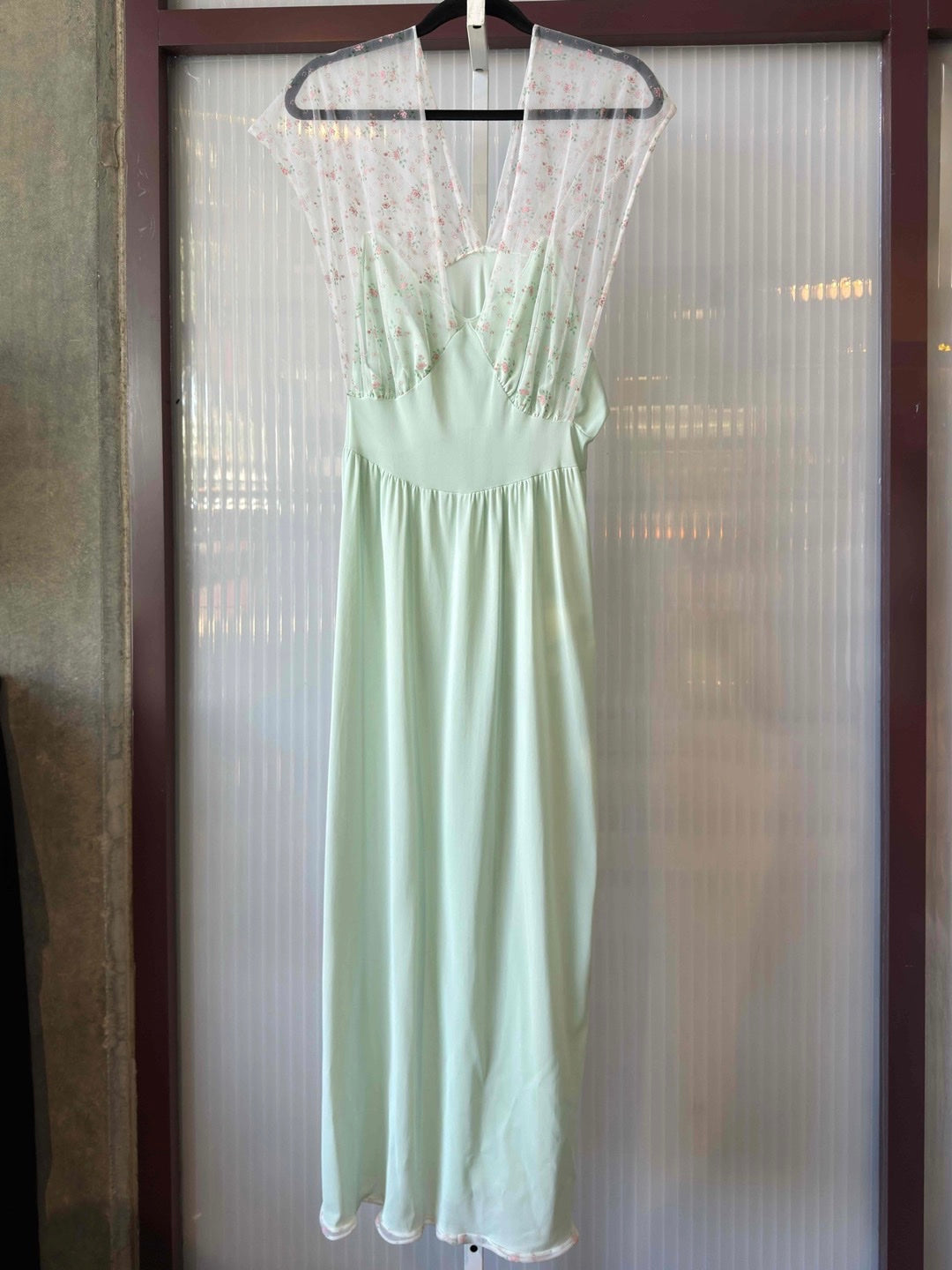 1950s Light Green and Sheer Floral Nightgown