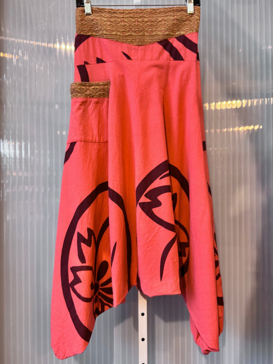 2000s Red Harem Pants with Floral Pattern