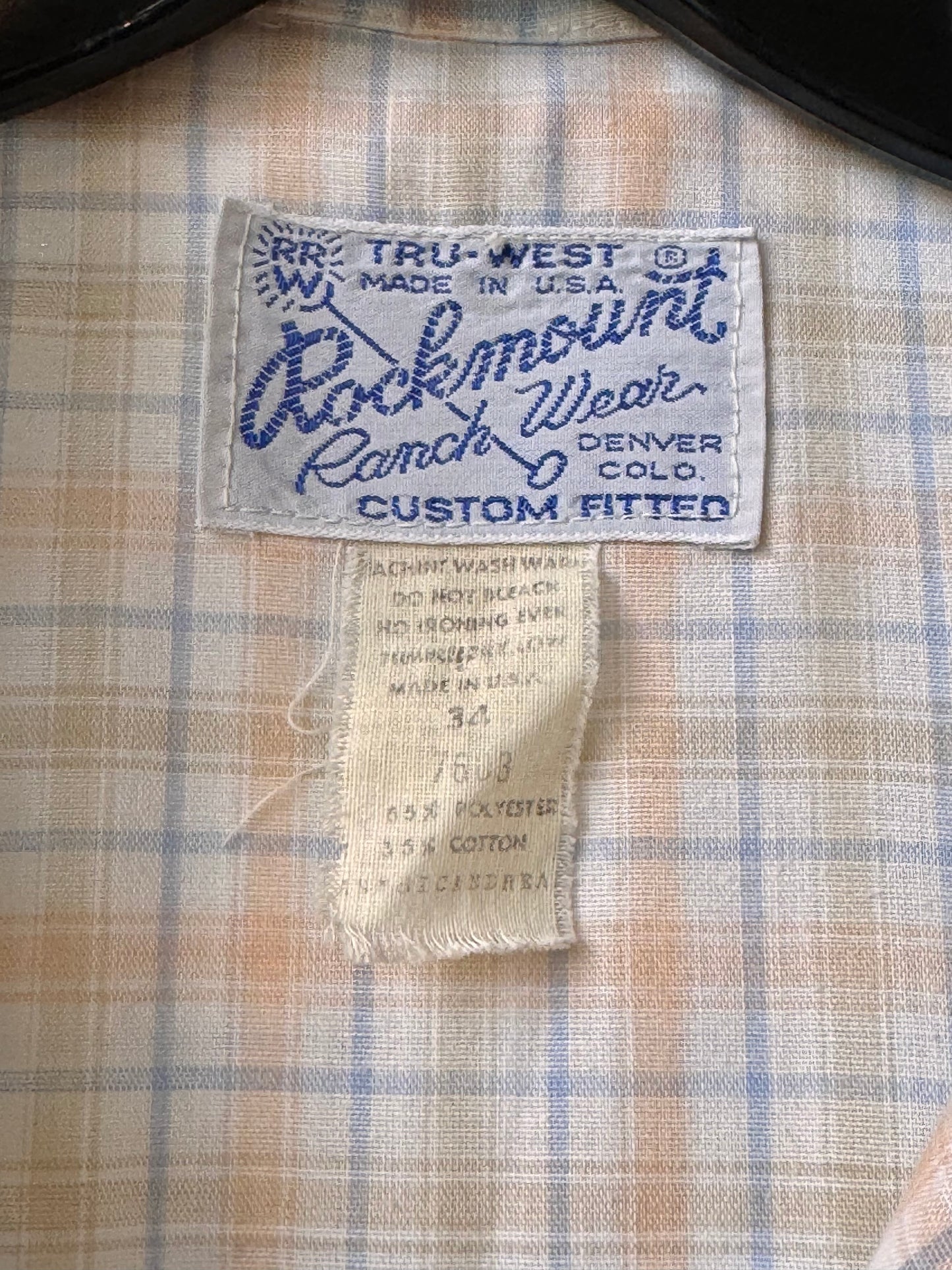 1970s Western Pearl-Snap Pastel Orange & Blue Plaid Blouse