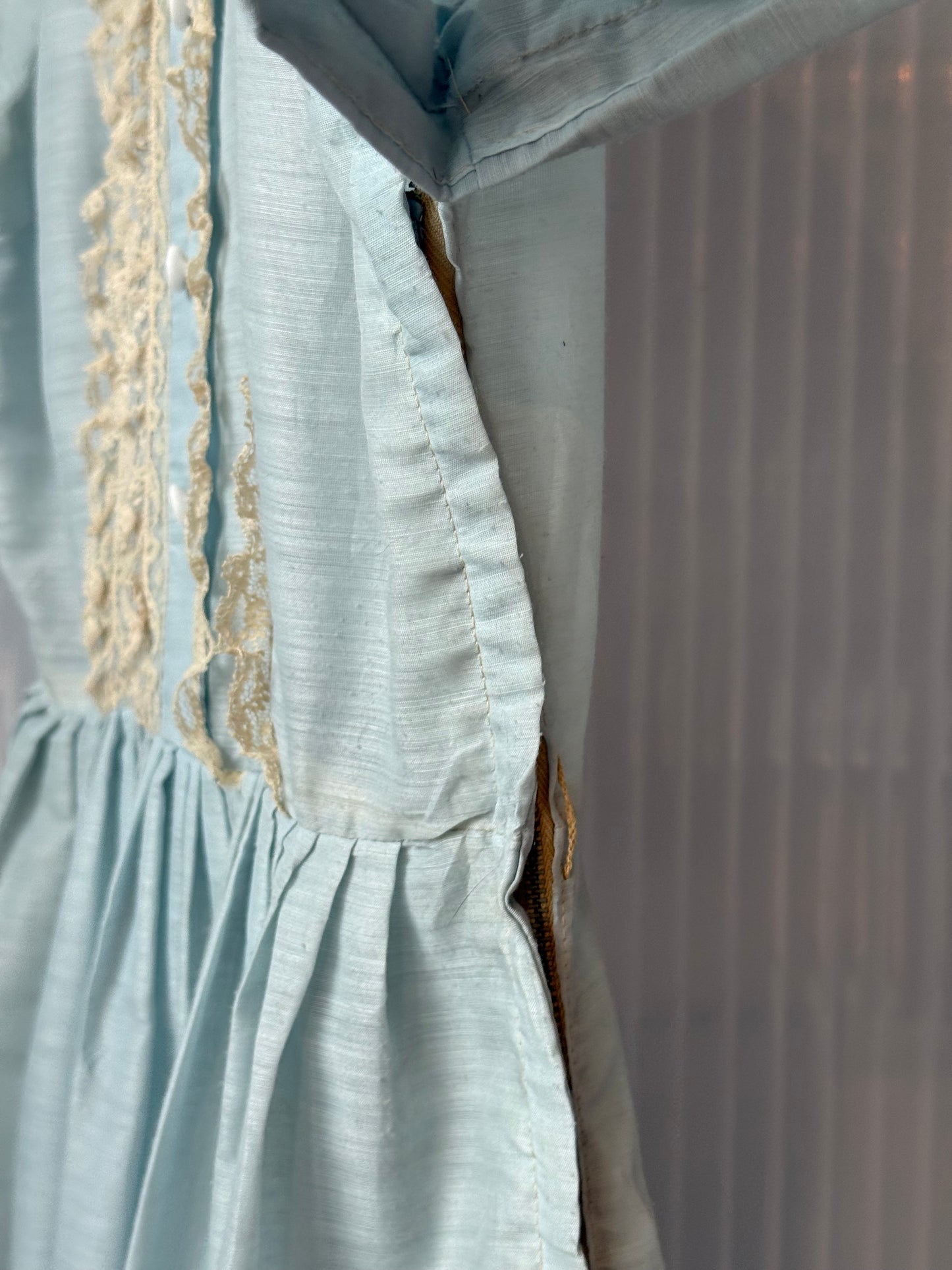 1950s Light Blue Sheer Shirtwaist Dress w/ Cream Lace Accent
