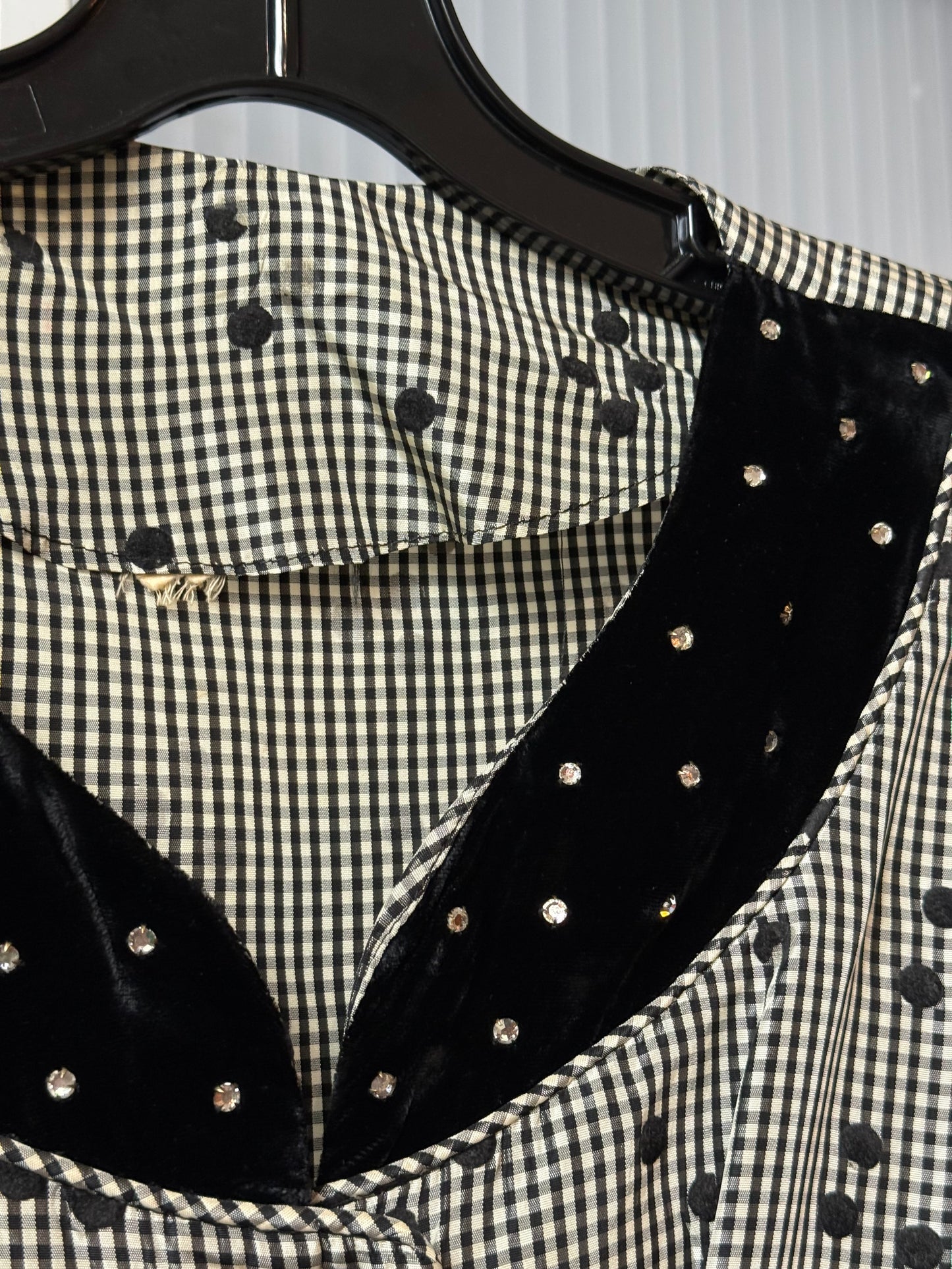 1950s Black Polka Dot Gingham Dress w/ Velvet & Rhinestone Accents