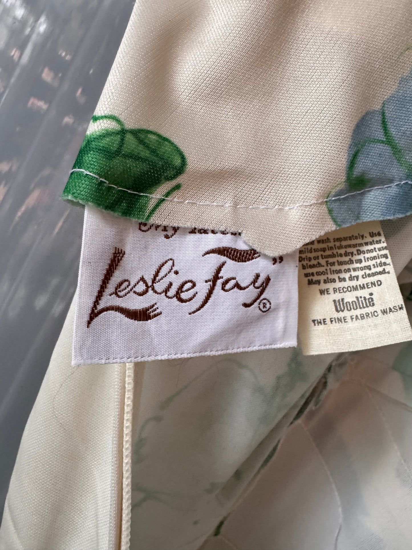 1970s White Gown with Blue & Green Florals