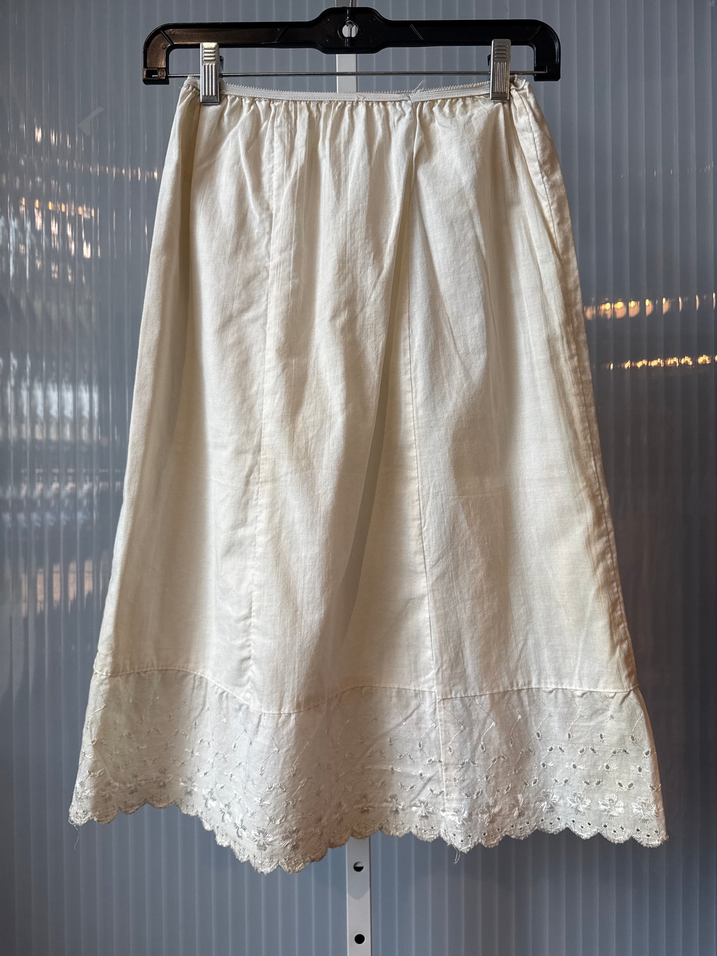 1970s White Skirt Slip with Eyelets & Pink Bow