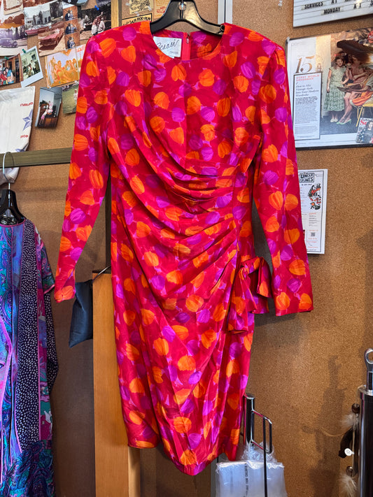 1980s Fuchsia & Orange Floral Draped Dress