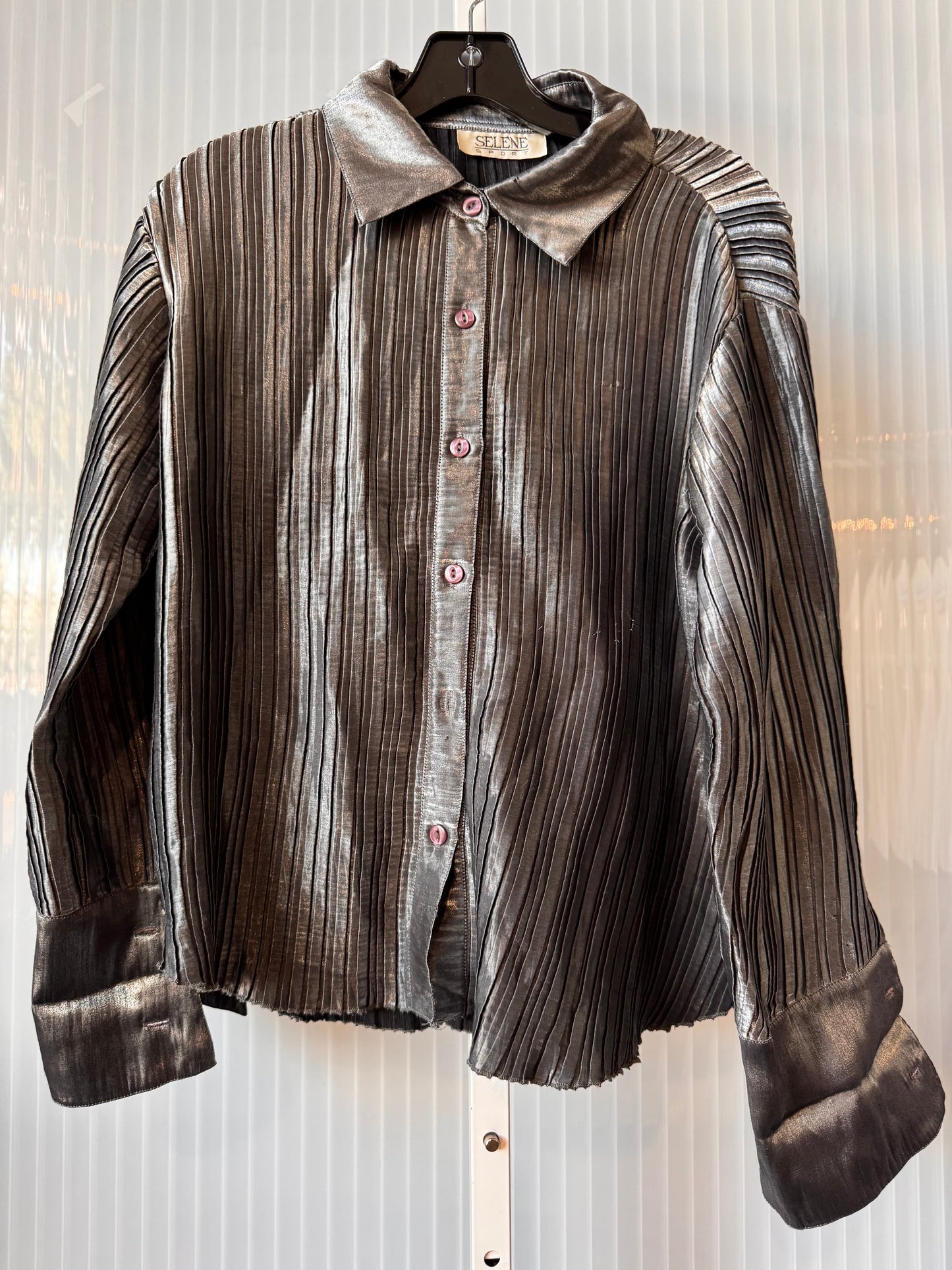 1980s Pleated Gunmetal Silver Button Up Shirt
