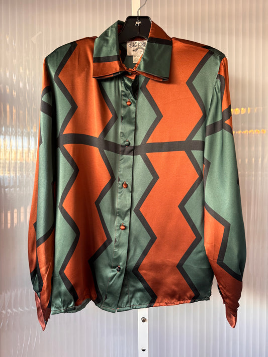 1990s Green & Orange Silk Blouse