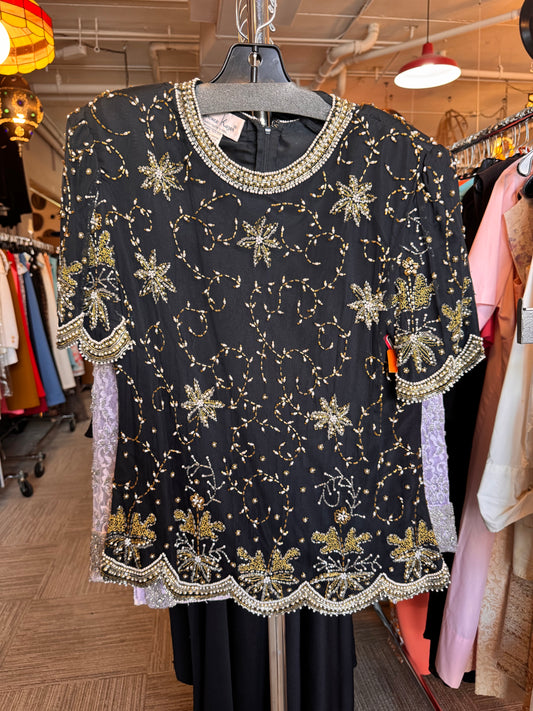 1990s  Black & Gold Beaded Blouse