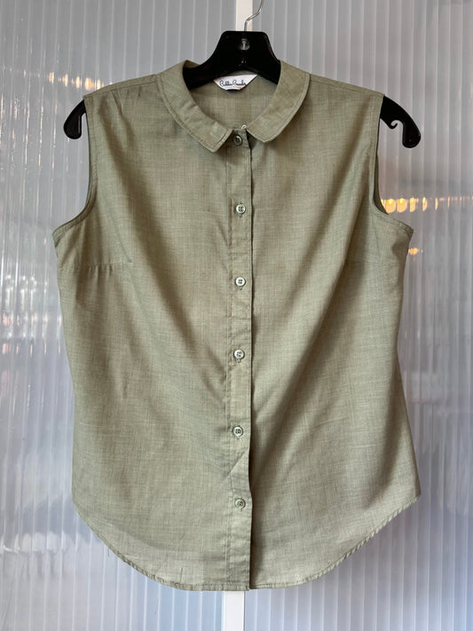 1980s Sage Green Sleeveless Collared Blouse