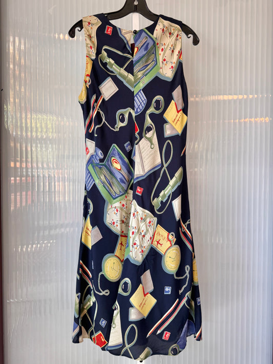 1980s Travel Patterned Navy Blue Dress