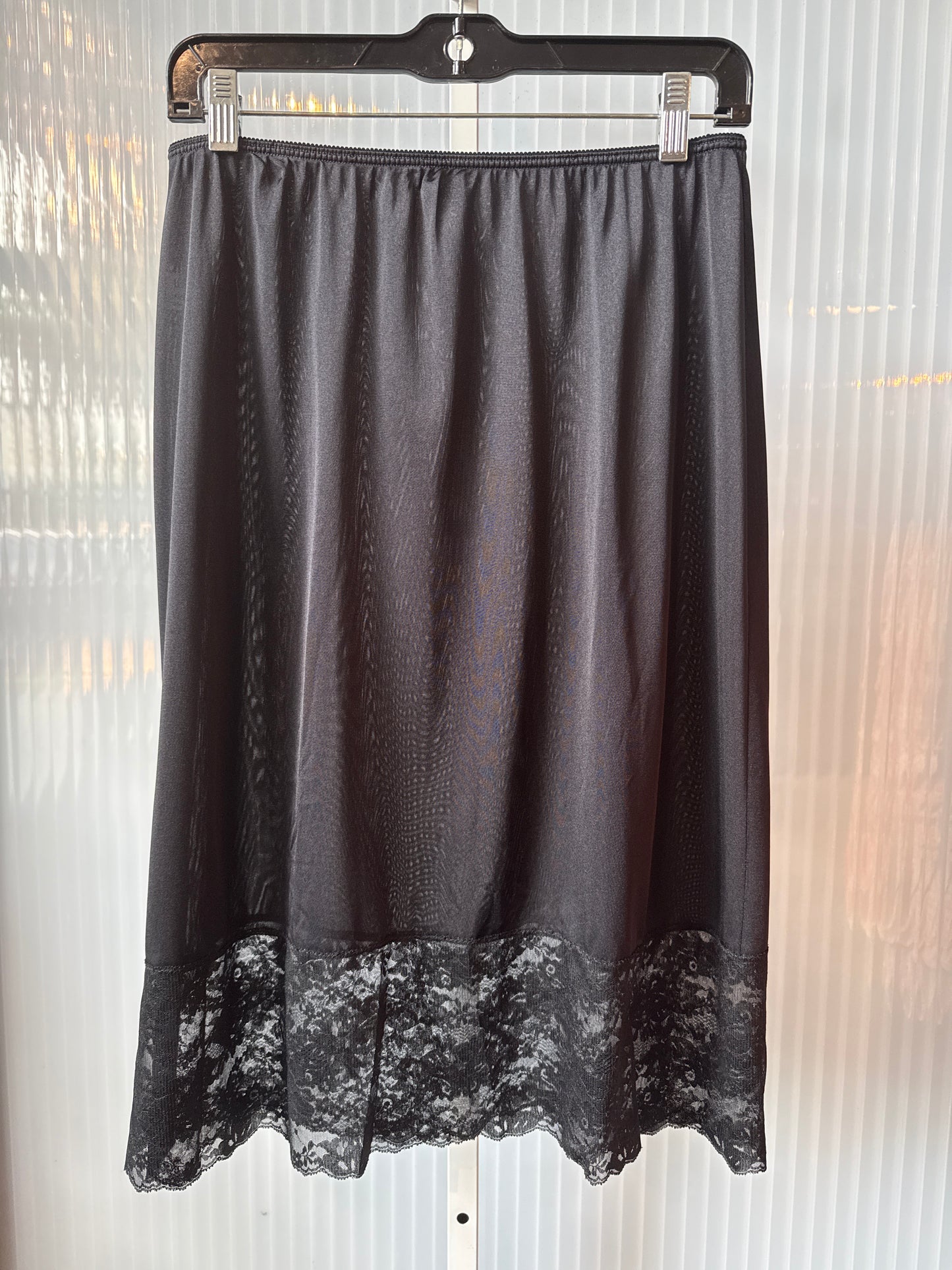 1970s Black Skirt Slip with Lace Boarder