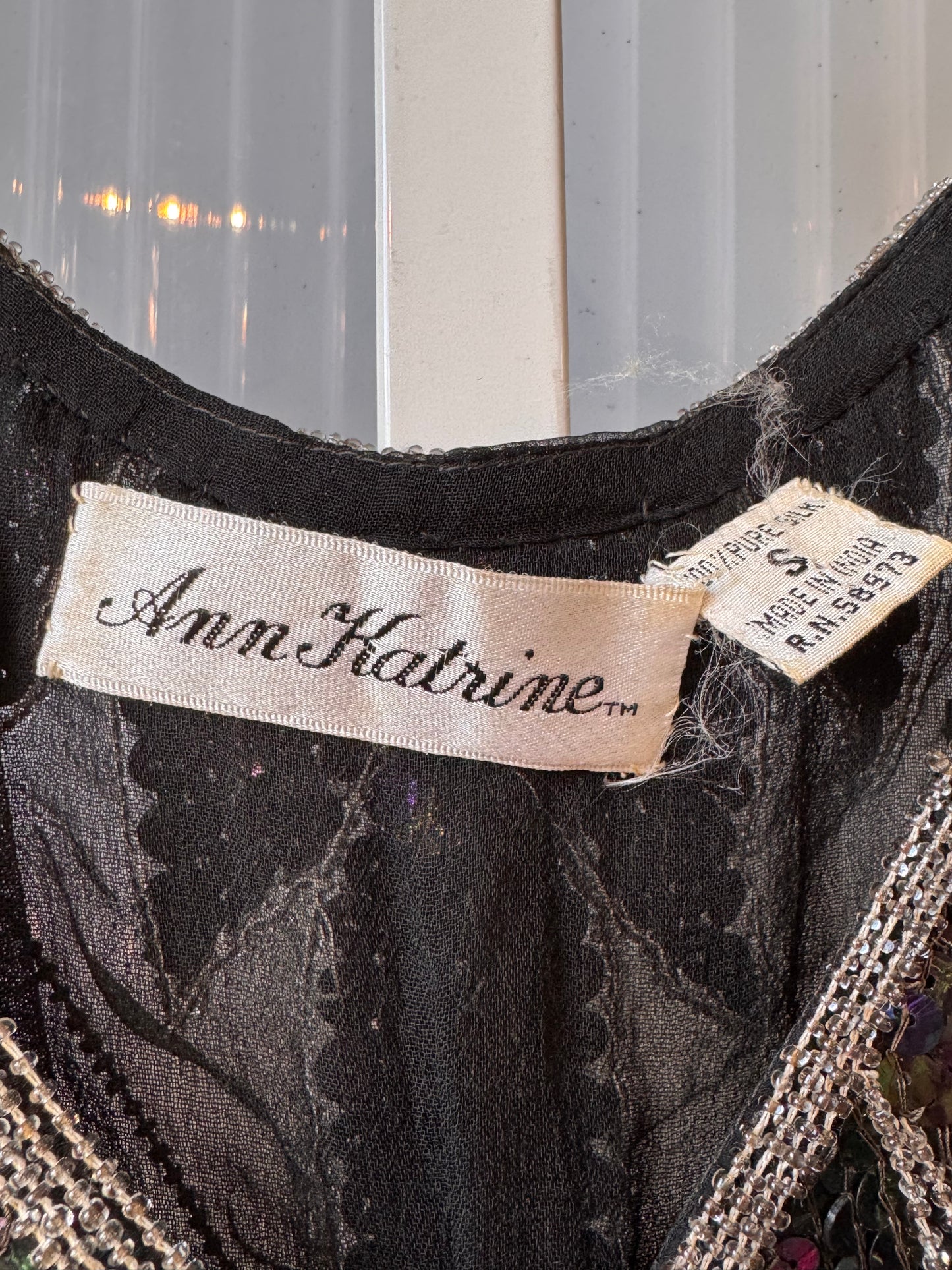 1980s Disco Iridescent Black Sequin Butterfly Silk Blouse