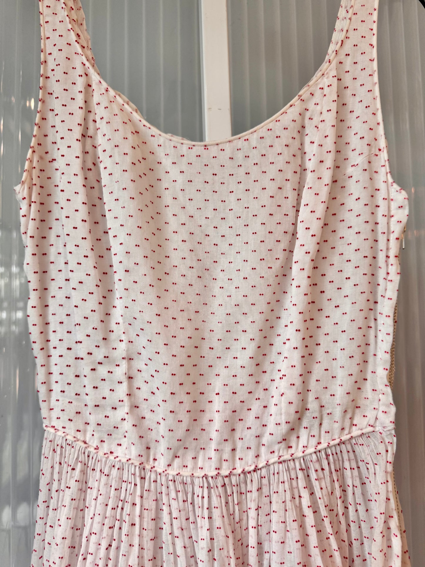 1940s Sheer White & Red Swiss Dot Dress