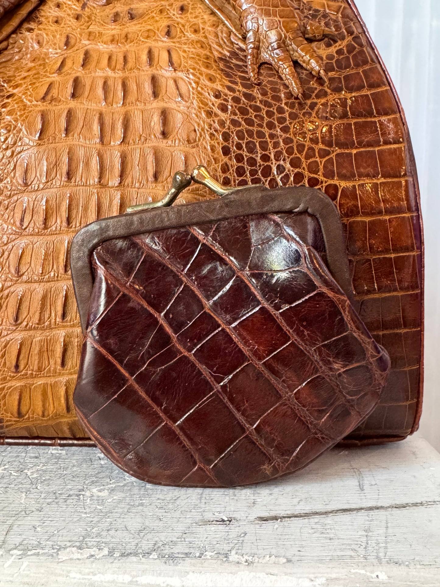 1940s Brown Alligator Skin Purse with Coin Pouch