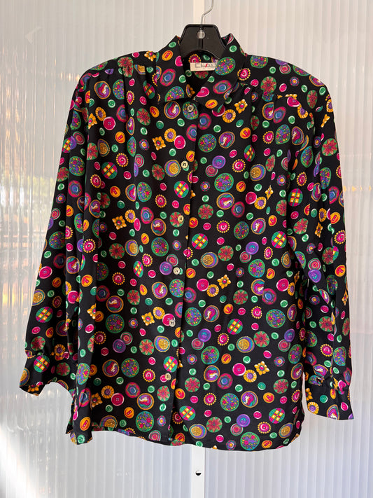 1980s Black & Multicolor Button Pattern Blouse