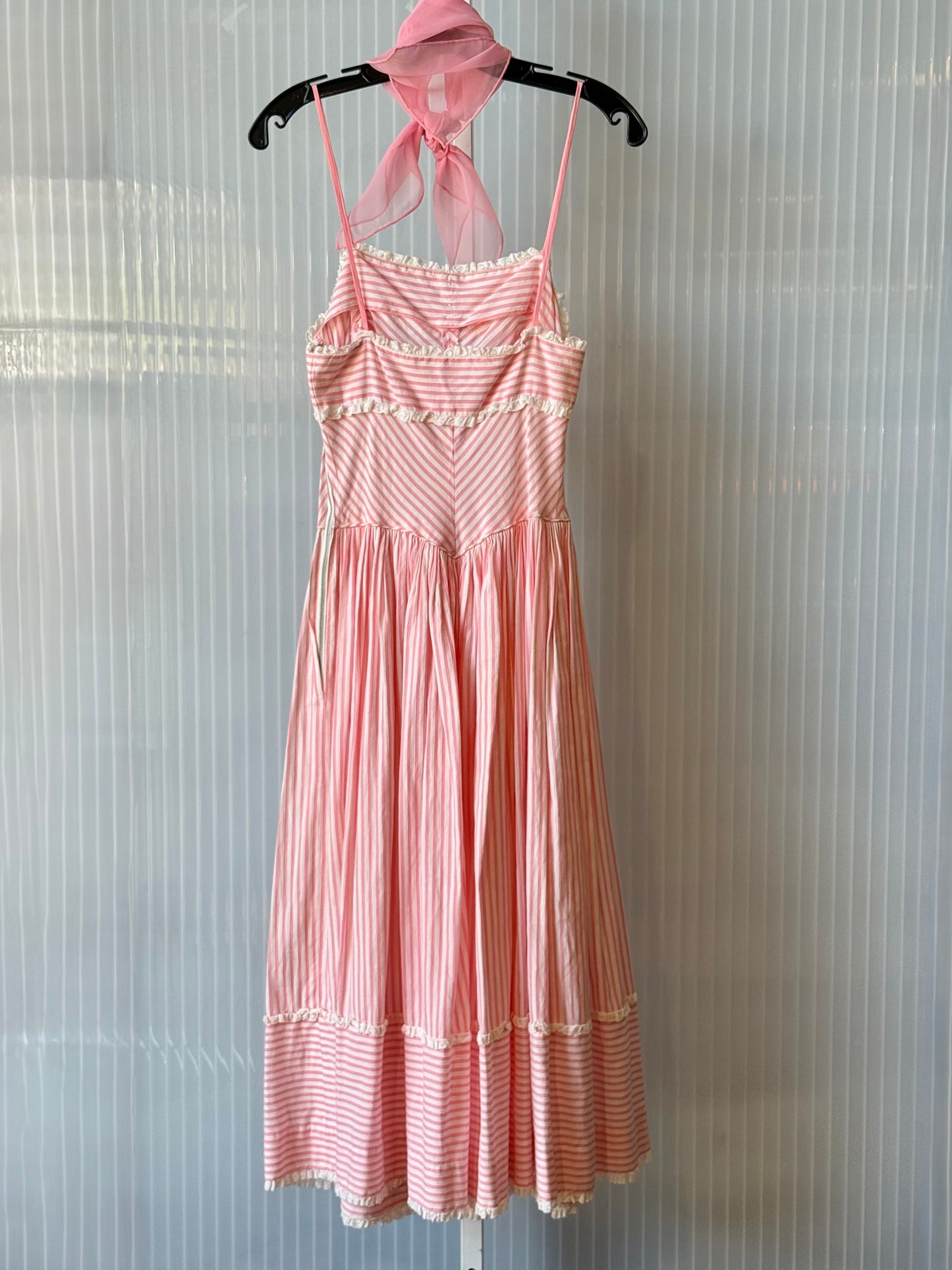 1950s Pink & White Striped Dress & Shrug Set w/ Pink Scarf
